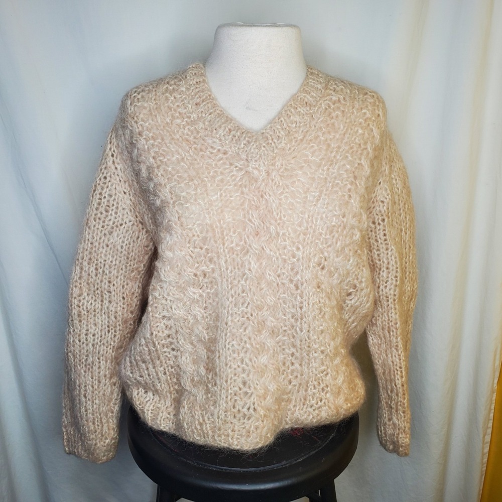 Vintage Carol Brent Cream Hand Knit Mohair Wool V-Neck Sweater Made In Italy Med